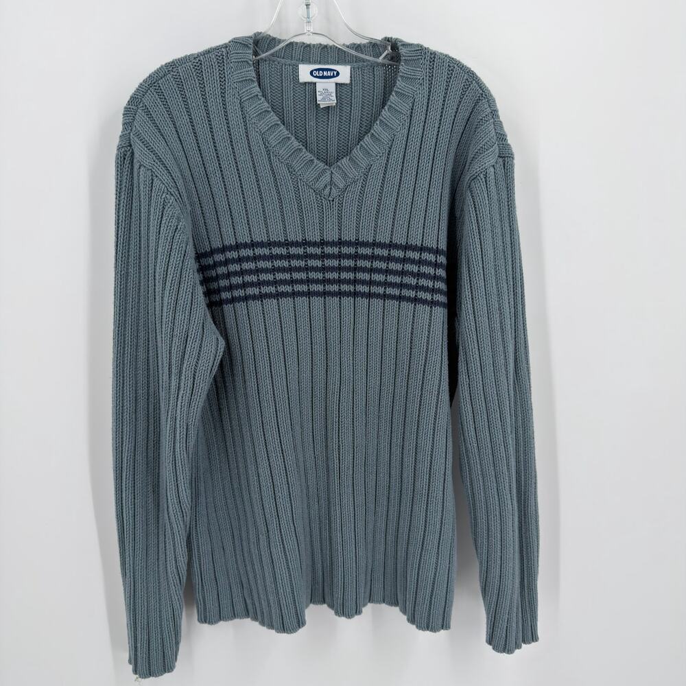 Old Navy Blue Gray Ribbed Knit Oversized V-Neck Sweater